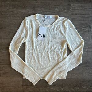 Zara Semi Sheer Cream Long Sleeve Top with burnout material pattern NWT